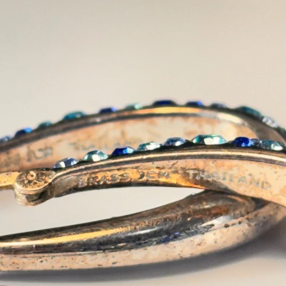Vintage Hoop Earrings Blue Crystal Brass Thailand Boho Statement Jewelry